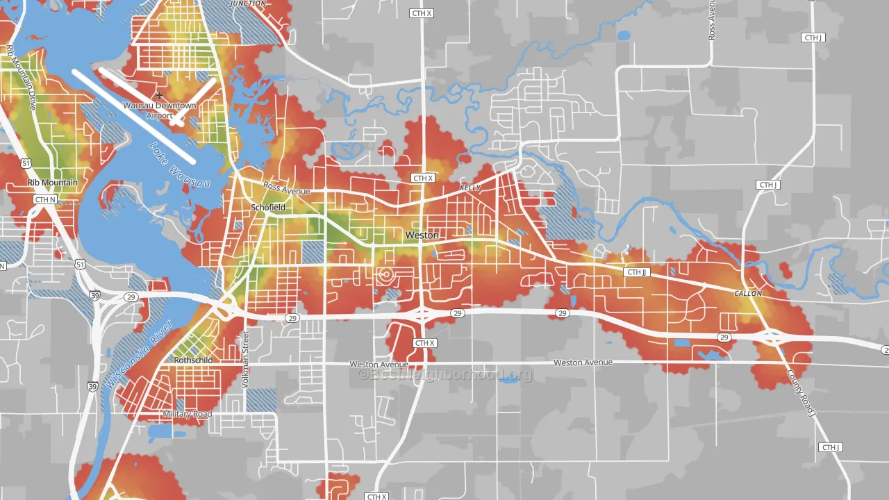 Walk Grade map of Weston, WI, walkable areas in green and car-dependent areas in red
