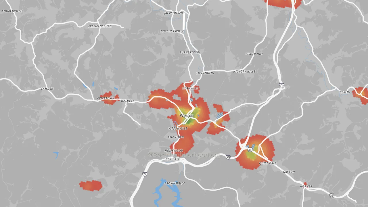 Walk Grade map of Weston, WV, walkable areas in green and car-dependent areas in red