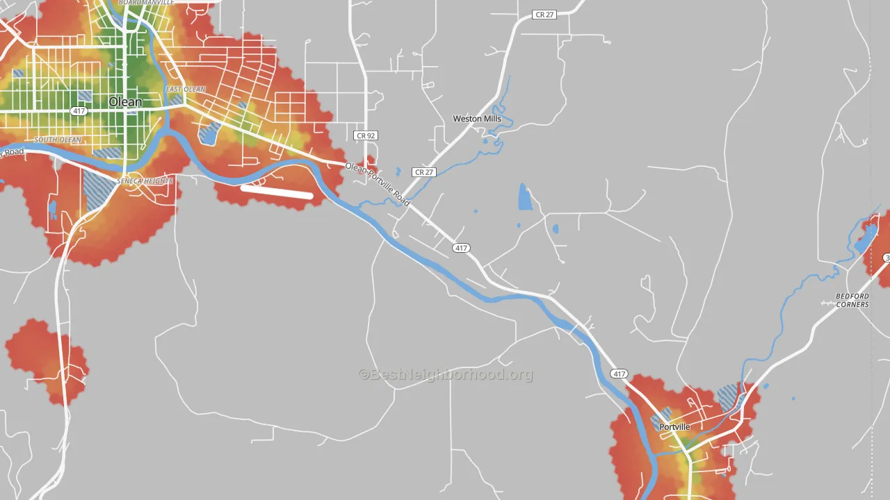 Walk Grade map of Westons Mills, NY, walkable areas in green and car-dependent areas in red