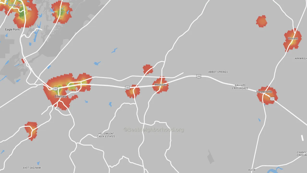 Walk Grade map of Westover, AL, walkable areas in green and car-dependent areas in red