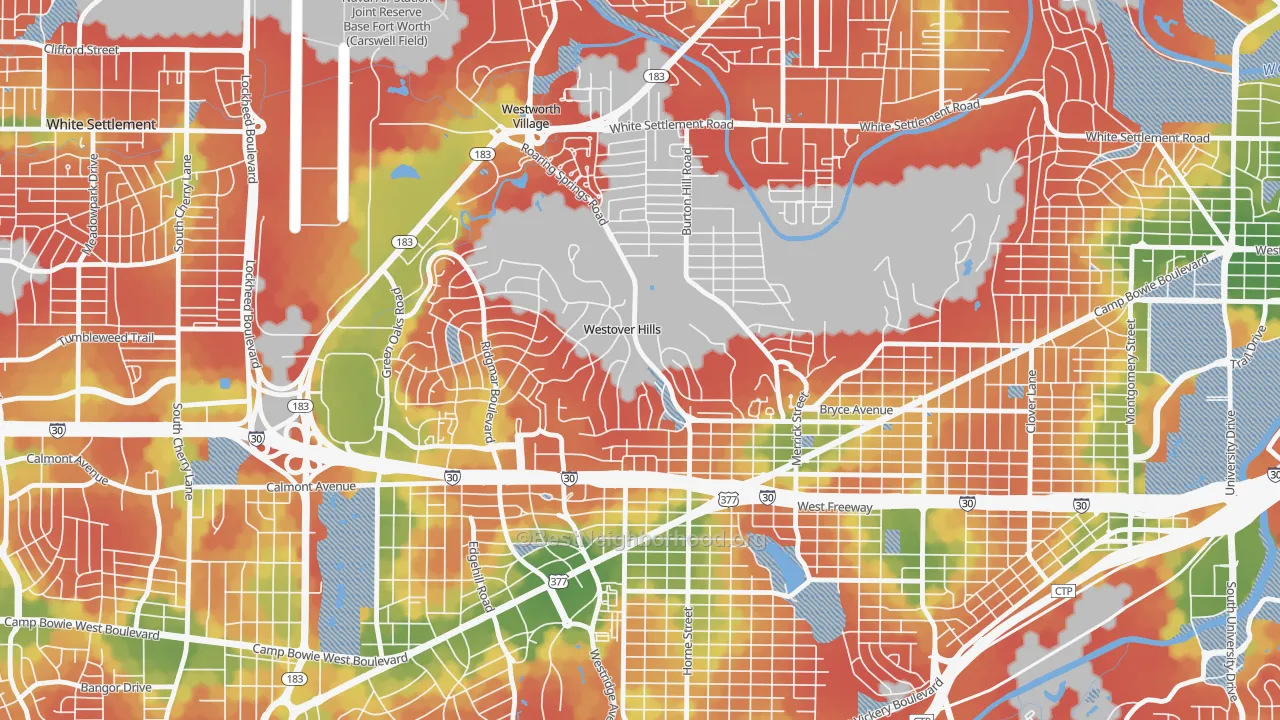 Walk Grade map of Westover Hills, TX, walkable areas in green and car-dependent areas in red