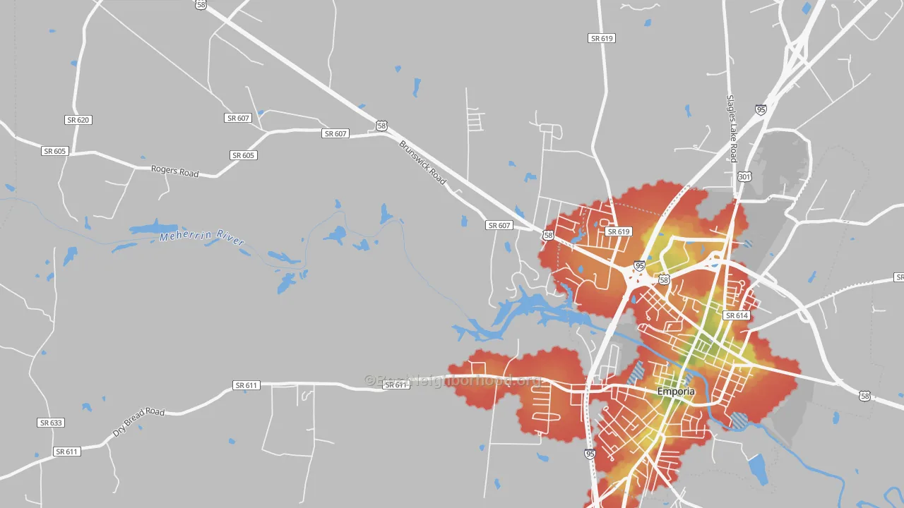 Walk Grade map of Westover Hills, VA, walkable areas in green and car-dependent areas in red