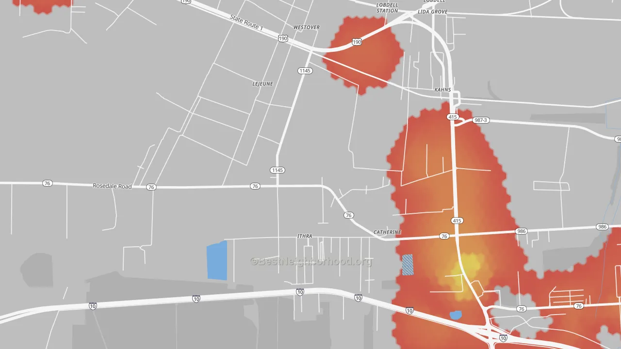 Walk Grade map of Westover, LA, walkable areas in green and car-dependent areas in red