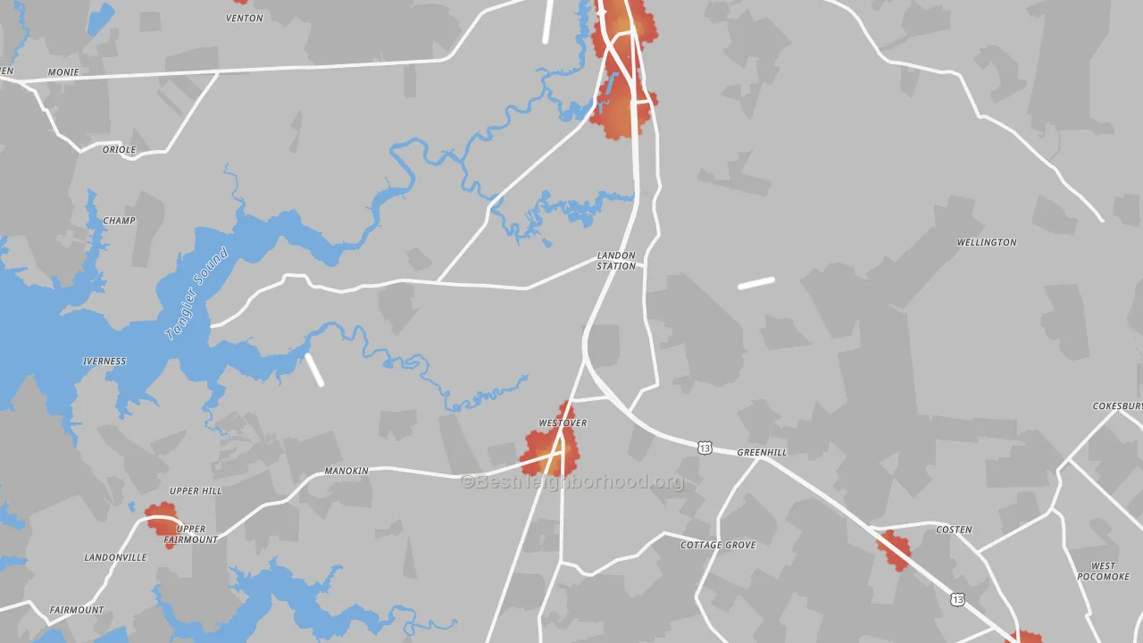 Walk Grade map of Westover, MD, walkable areas in green and car-dependent areas in red