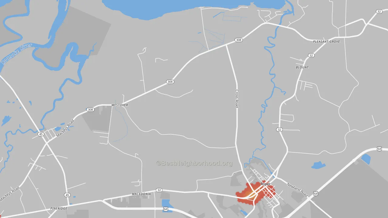 Walk Grade map of Westover, NC, walkable areas in green and car-dependent areas in red
