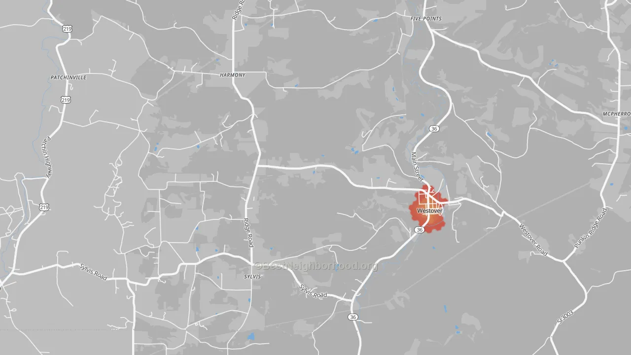 Walk Grade map of Westover, PA, walkable areas in green and car-dependent areas in red