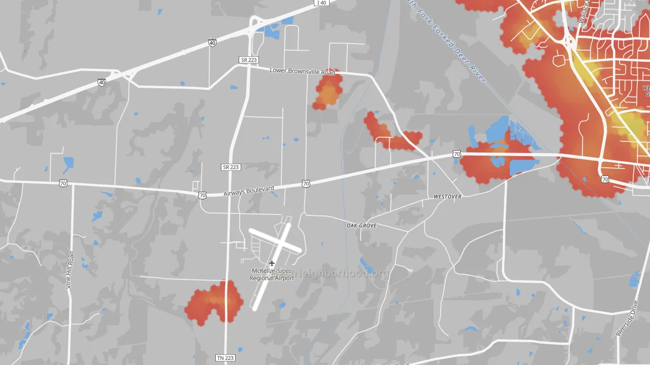 Walk Grade map of Westover, TN, walkable areas in green and car-dependent areas in red