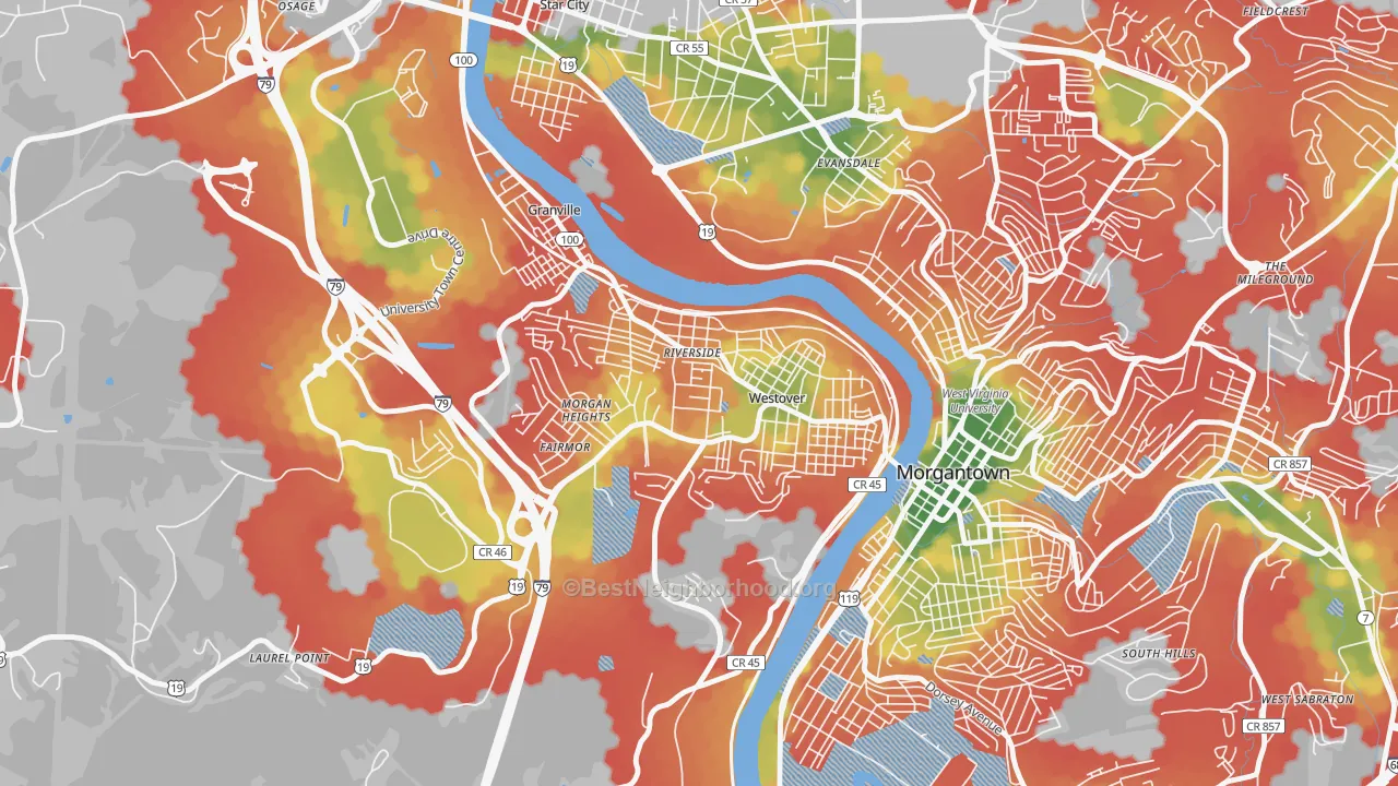 Walk Grade map of Westover, WV, walkable areas in green and car-dependent areas in red