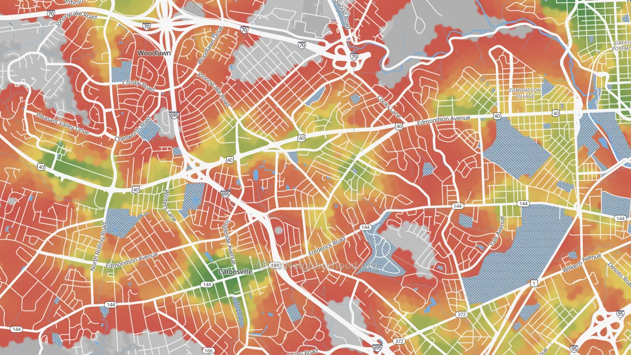 Walk Grade map of Westowne, Catonsville, MD, walkable areas in green and car-dependent areas in red