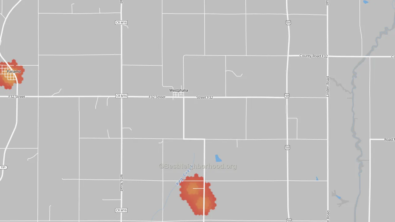 Walk Grade map of Westphalia, IA, walkable areas in green and car-dependent areas in red