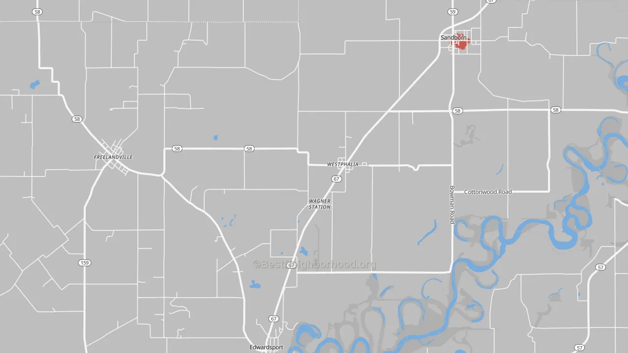 Walk Grade map of Westphalia, IN, walkable areas in green and car-dependent areas in red
