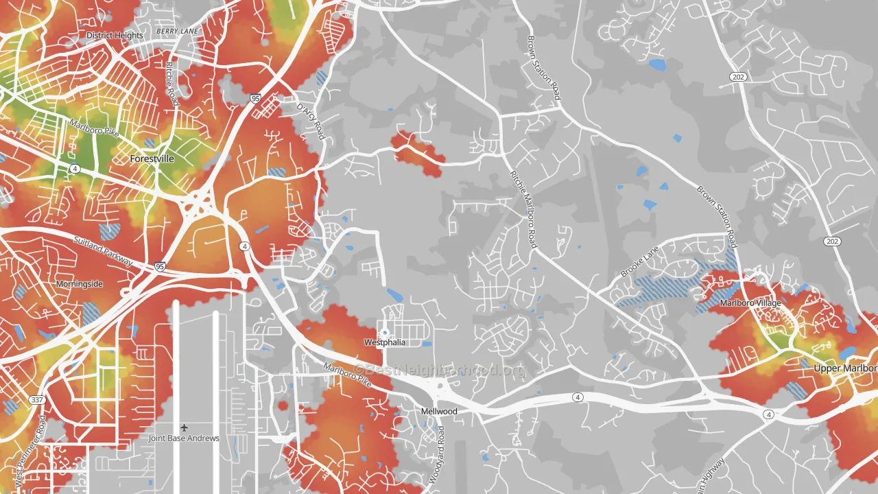 Walk Grade map of Westphalia, MD, walkable areas in green and car-dependent areas in red