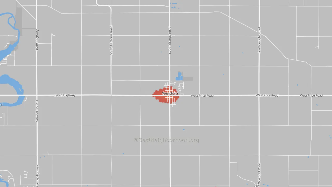 Walk Grade map of Westphalia, MI, walkable areas in green and car-dependent areas in red