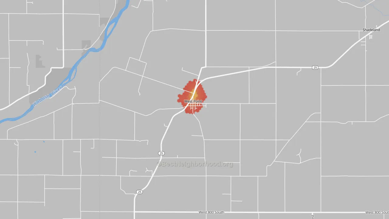 Walk Grade map of Westpoint, IN, walkable areas in green and car-dependent areas in red
