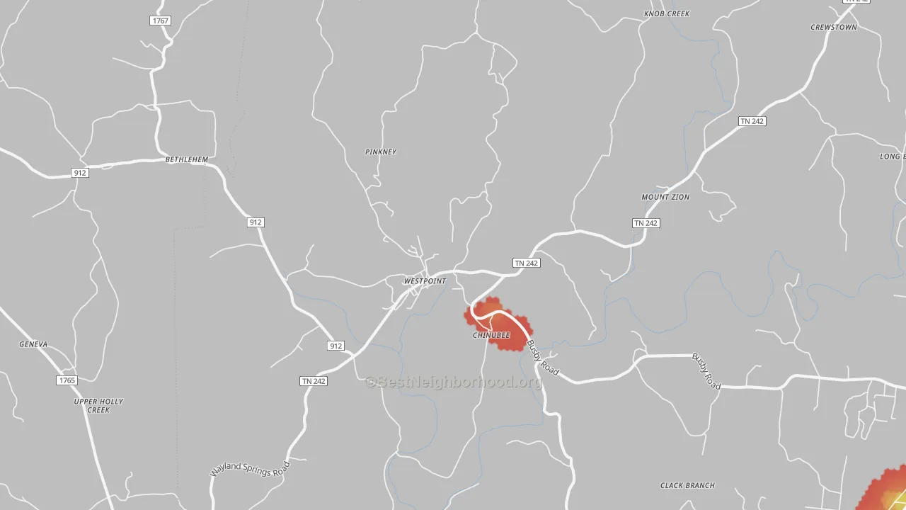 Walk Grade map of Westpoint, TN, walkable areas in green and car-dependent areas in red