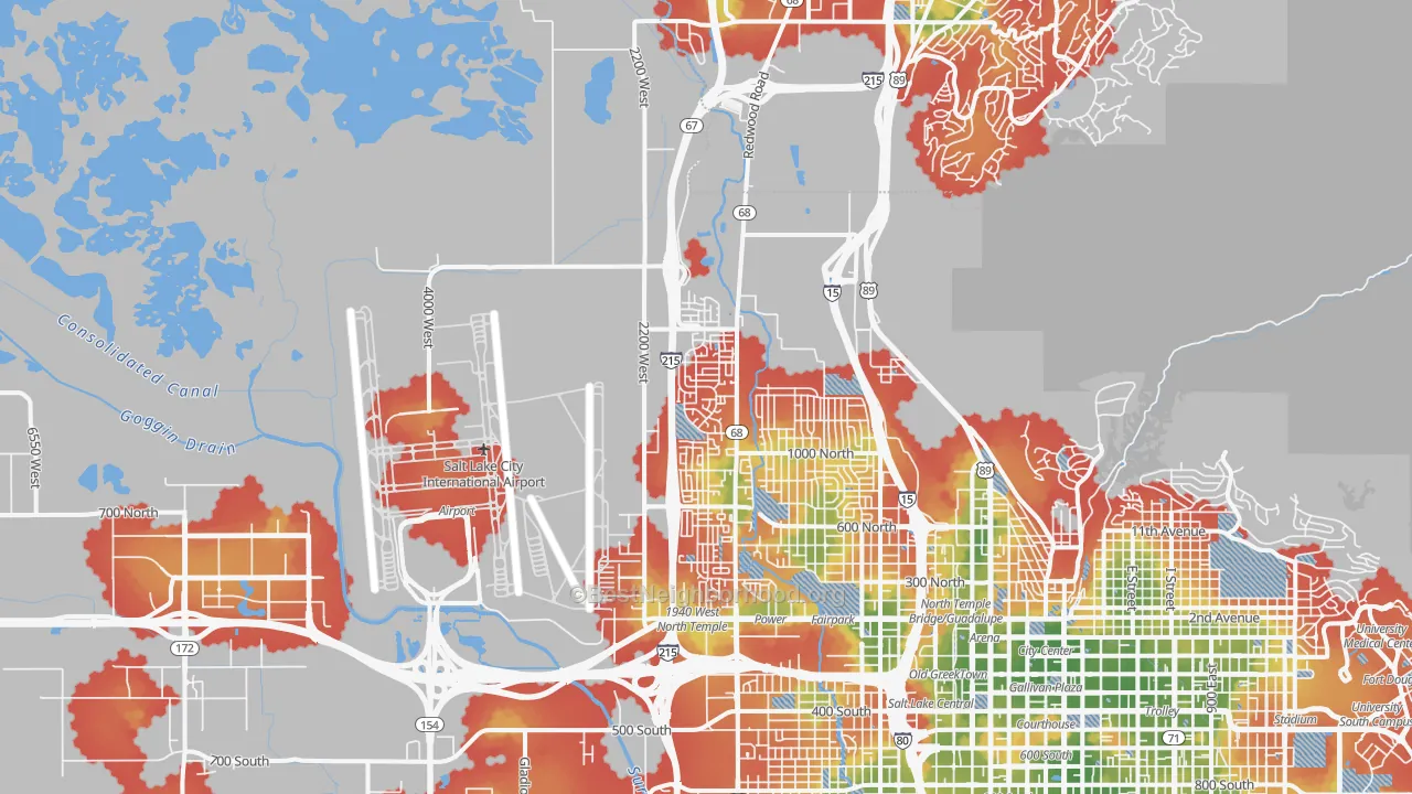Walk Grade map of Westpointe, Salt Lake City, UT, walkable areas in green and car-dependent areas in red