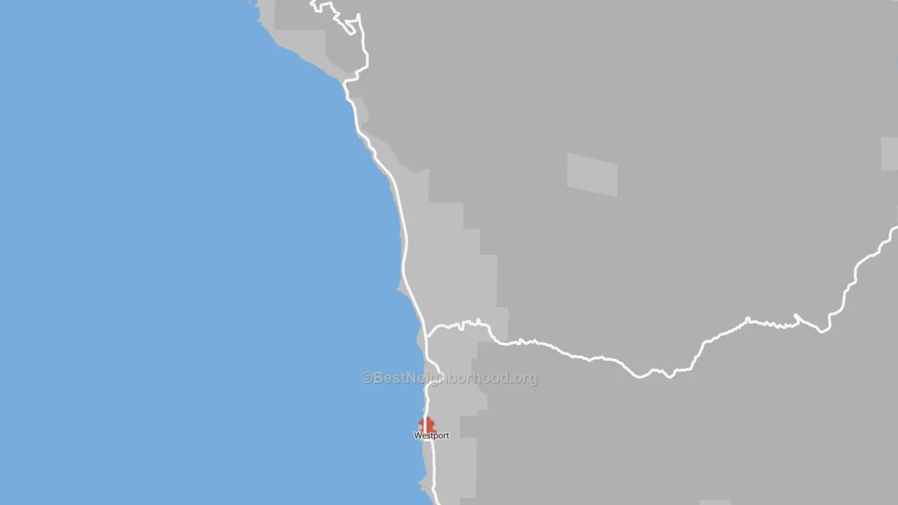 Walk Grade map of Westport, CA, walkable areas in green and car-dependent areas in red