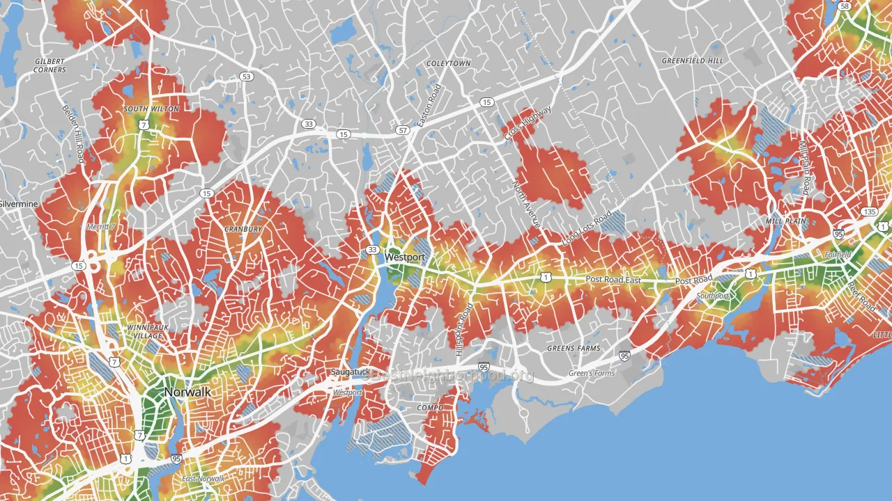 Walk Grade map of Westport, CT, walkable areas in green and car-dependent areas in red