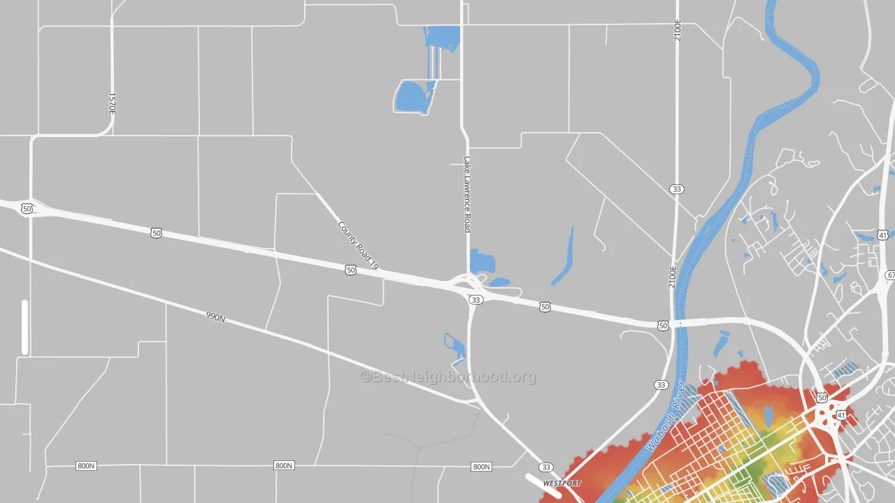 Walk Grade map of Westport, IL, walkable areas in green and car-dependent areas in red