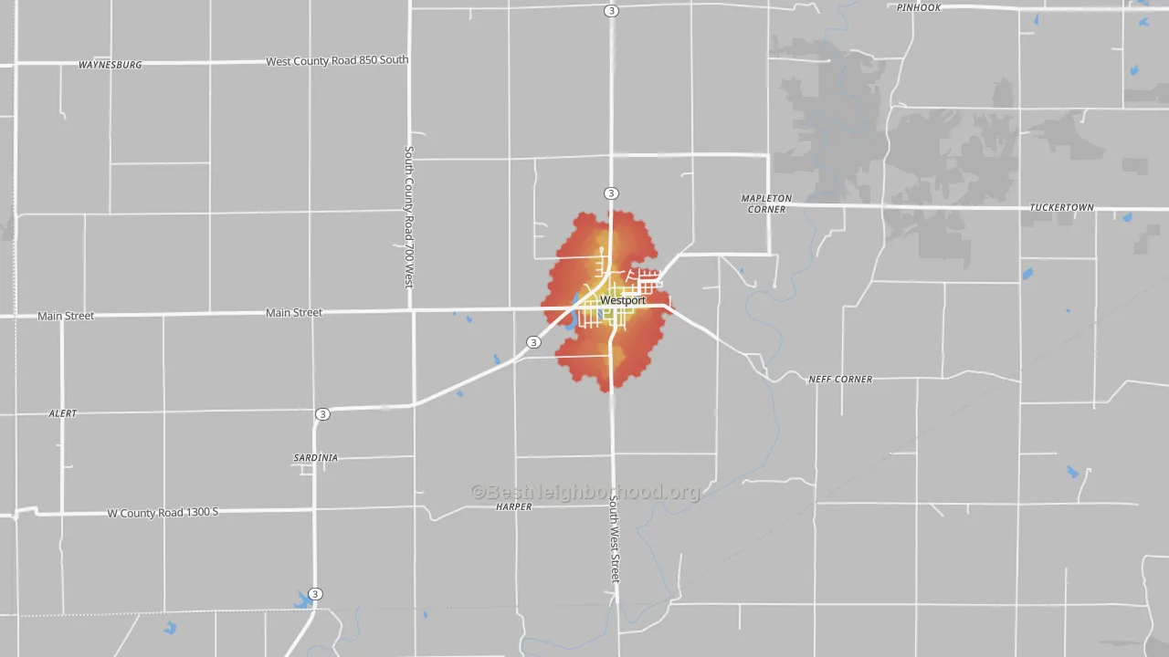 Walk Grade map of Westport, IN, walkable areas in green and car-dependent areas in red