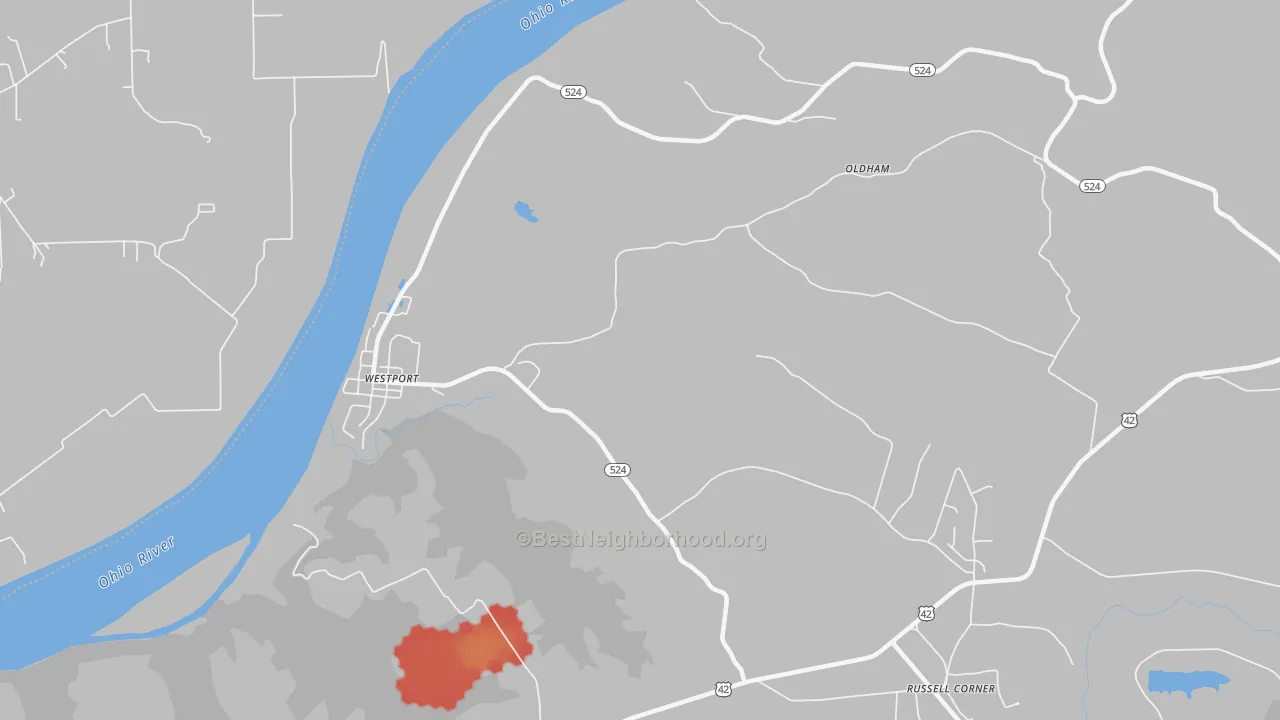 Walk Grade map of Westport, KY, walkable areas in green and car-dependent areas in red