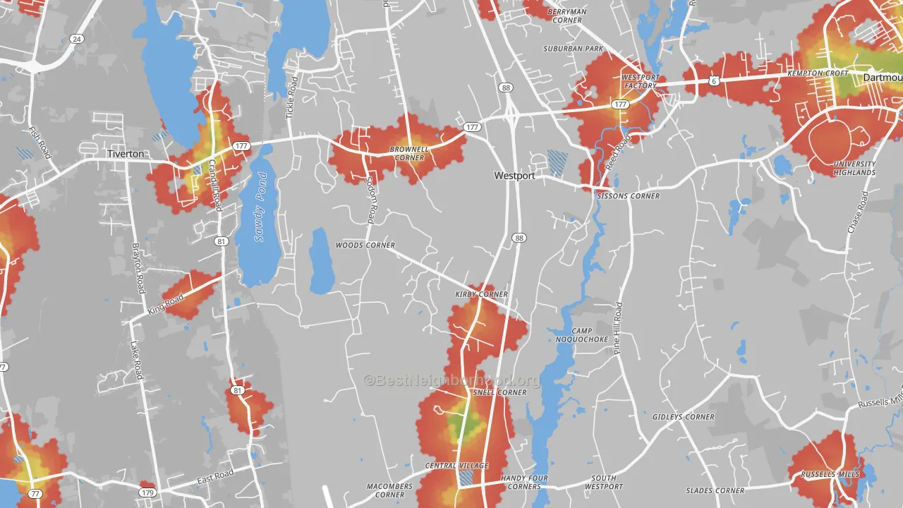 Walk Grade map of Westport, MA, walkable areas in green and car-dependent areas in red