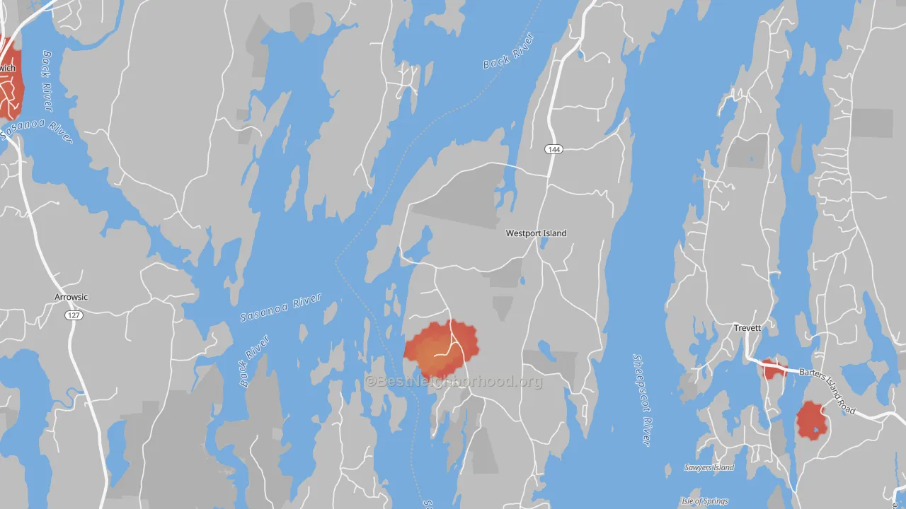 Walk Grade map of Westport, ME, walkable areas in green and car-dependent areas in red