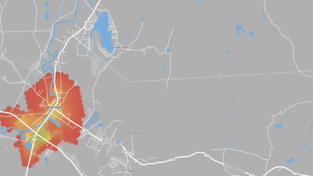 Walk Grade map of Westport, NH, walkable areas in green and car-dependent areas in red