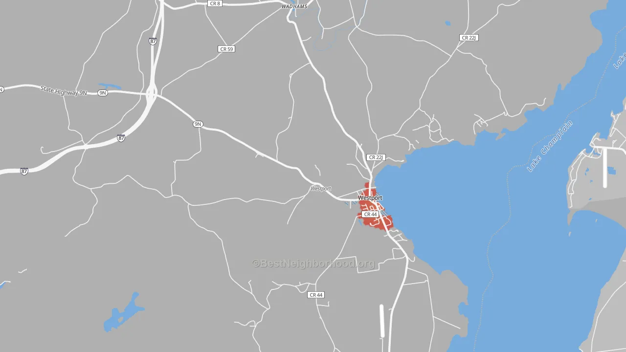 Walk Grade map of Westport, NY, walkable areas in green and car-dependent areas in red