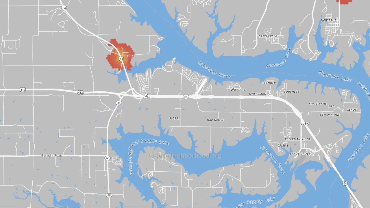 Walk Grade map of Westport, OK, walkable areas in green and car-dependent areas in red