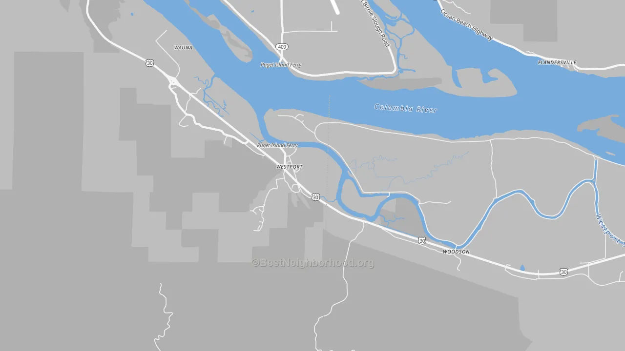 Walk Grade map of Westport, OR, walkable areas in green and car-dependent areas in red
