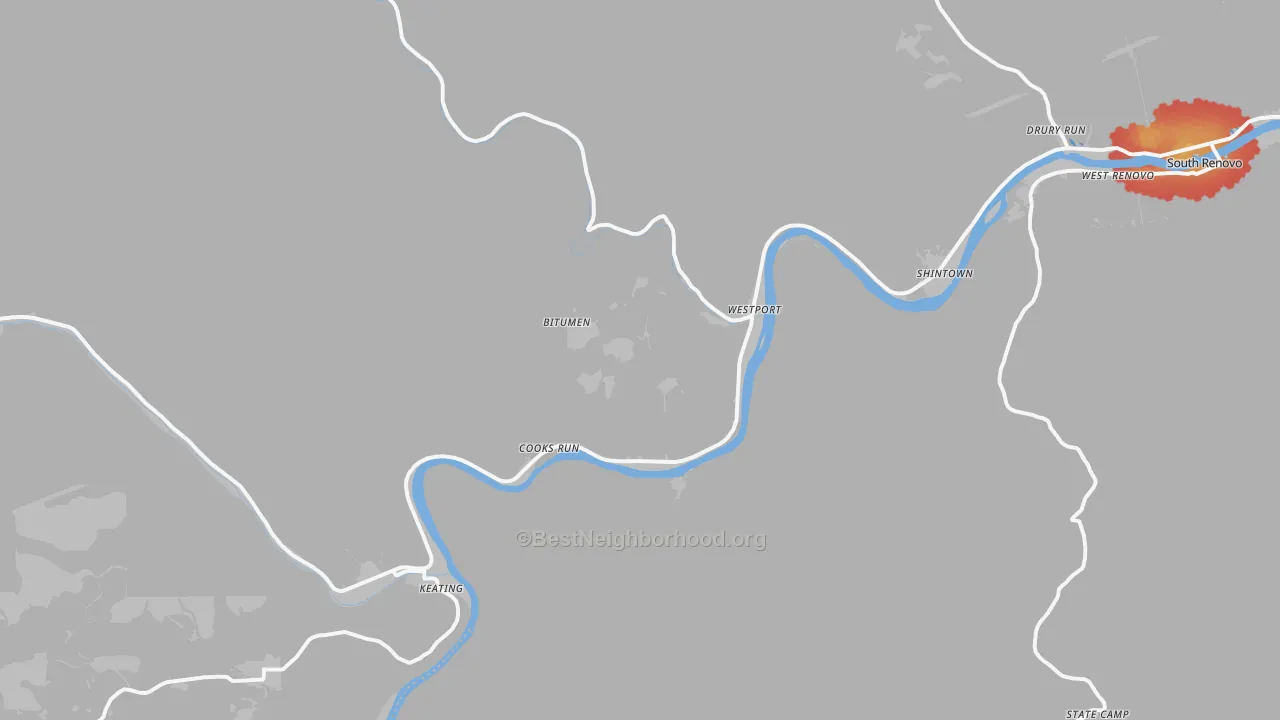 Walk Grade map of Westport, PA, walkable areas in green and car-dependent areas in red