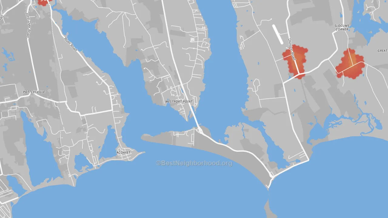 Walk Grade map of Westport Point, MA, walkable areas in green and car-dependent areas in red