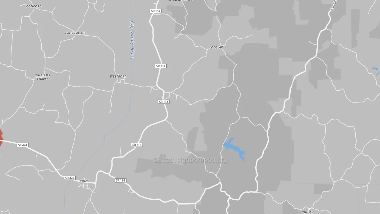 Walk Grade map of Westport, TN, walkable areas in green and car-dependent areas in red