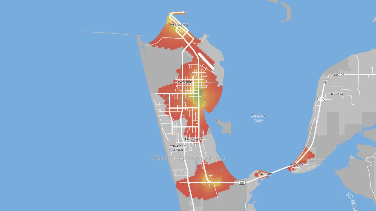 Walk Grade map of Westport, WA, walkable areas in green and car-dependent areas in red