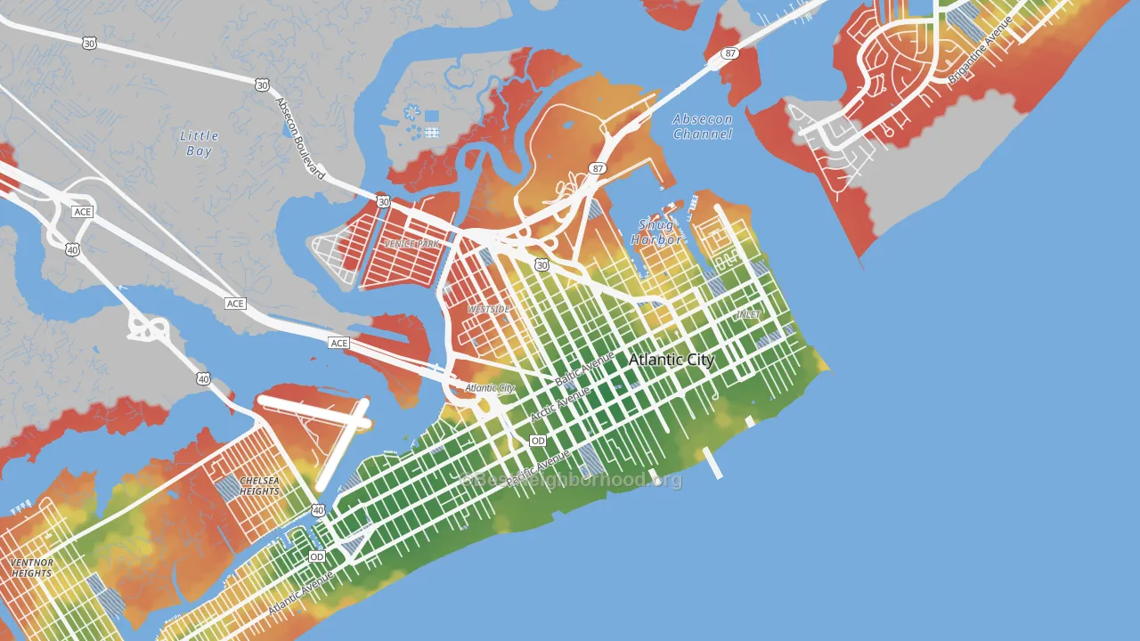 Walk Grade map of Westside, Atlantic City, NJ, walkable areas in green and car-dependent areas in red