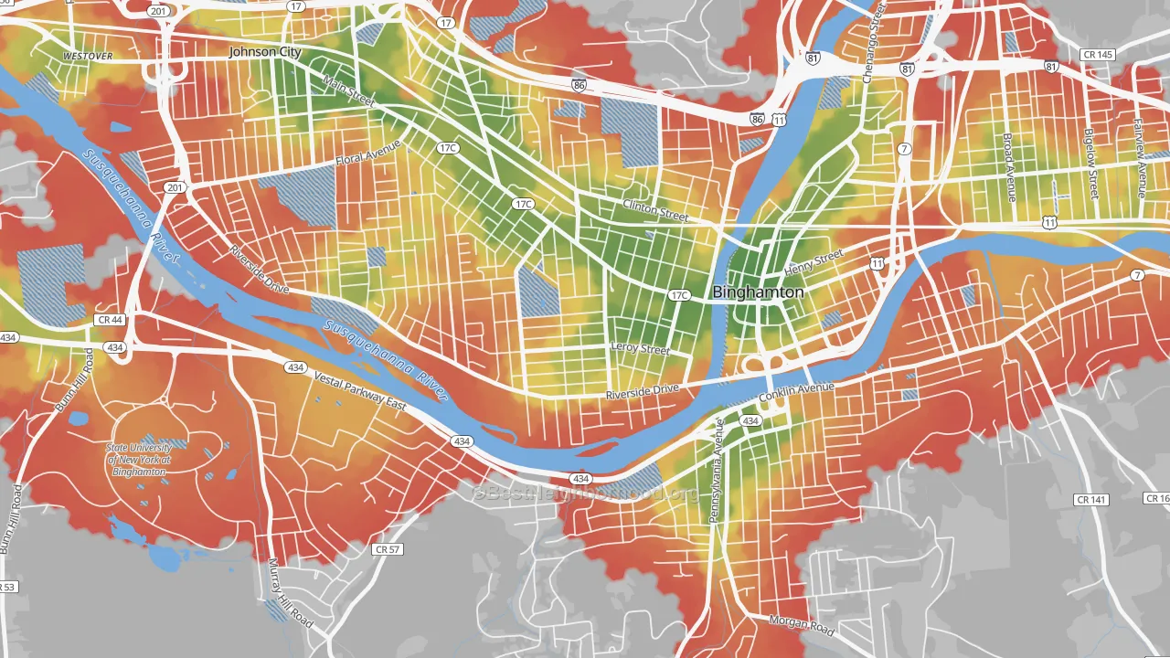 Walk Grade map of Westside, Binghamton, NY, walkable areas in green and car-dependent areas in red
