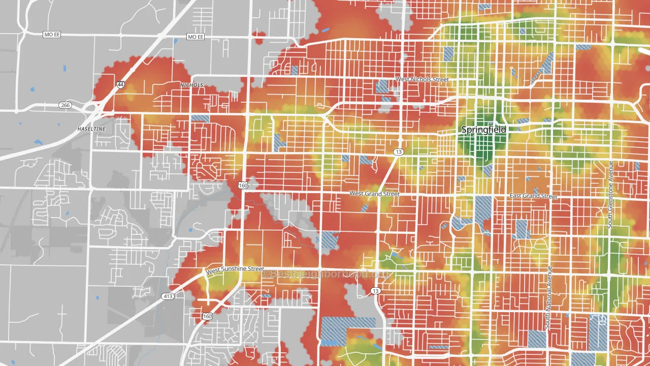 Walk Grade map of Westside Community Betterment, Springfield, MO, walkable areas in green and car-dependent areas in red