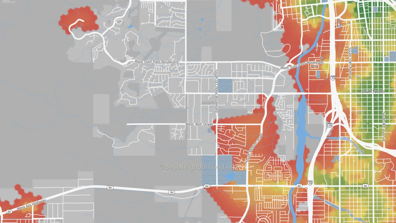 Walk Grade map of Westside Development, Tucson, AZ, walkable areas in green and car-dependent areas in red