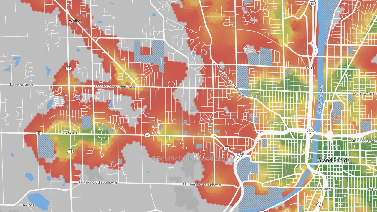 Walk Grade map of Westside, Grand Rapids, MI, walkable areas in green and car-dependent areas in red