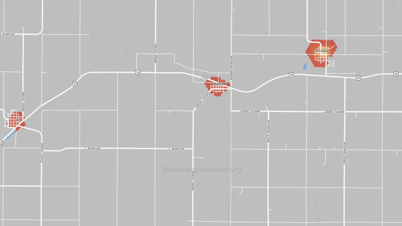 Walk Grade map of Westside, IA, walkable areas in green and car-dependent areas in red