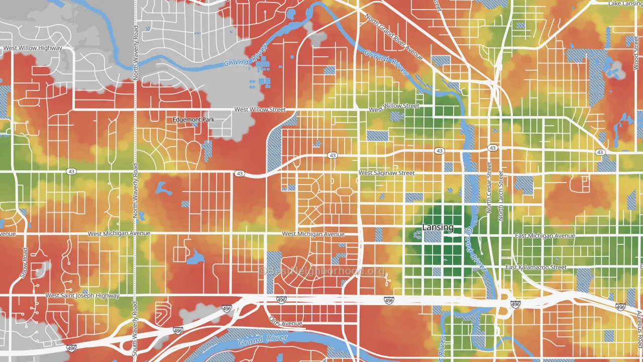 Walk Grade map of Westside Lansing, Lansing, MI, walkable areas in green and car-dependent areas in red