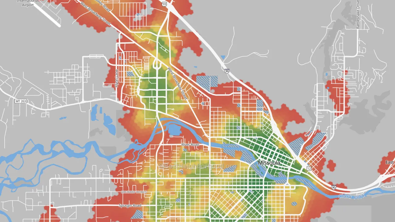 Walk Grade map of Westside, Missoula, MT, walkable areas in green and car-dependent areas in red