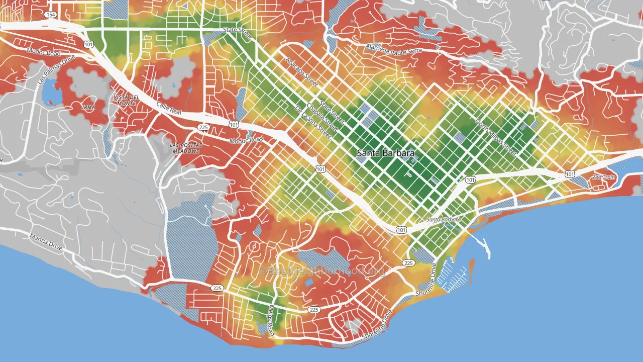 Walk Grade map of Westside-Santa Barbara, Santa Barbara, CA, walkable areas in green and car-dependent areas in red