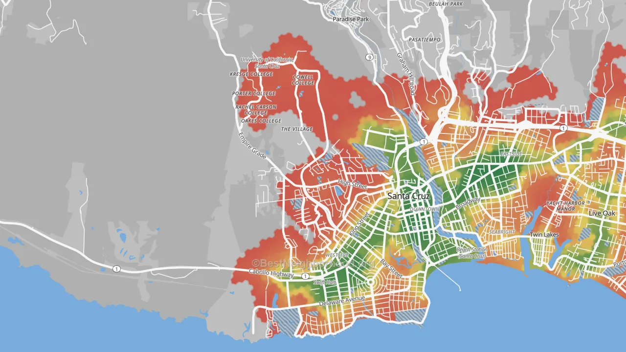 Walk Grade map of Westside, Santa Cruz, CA, walkable areas in green and car-dependent areas in red