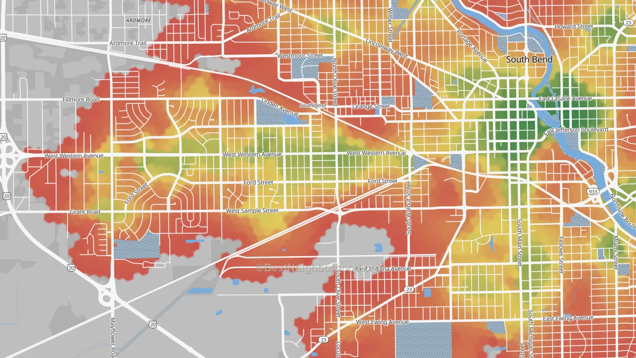 Walk Grade map of Westside, South Bend, IN, walkable areas in green and car-dependent areas in red