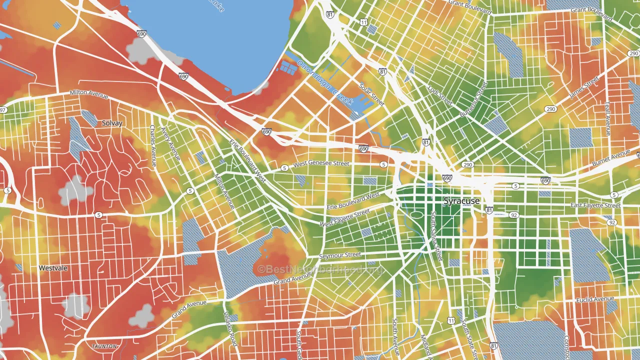 Walk Grade map of Westside, Syracuse, NY, walkable areas in green and car-dependent areas in red