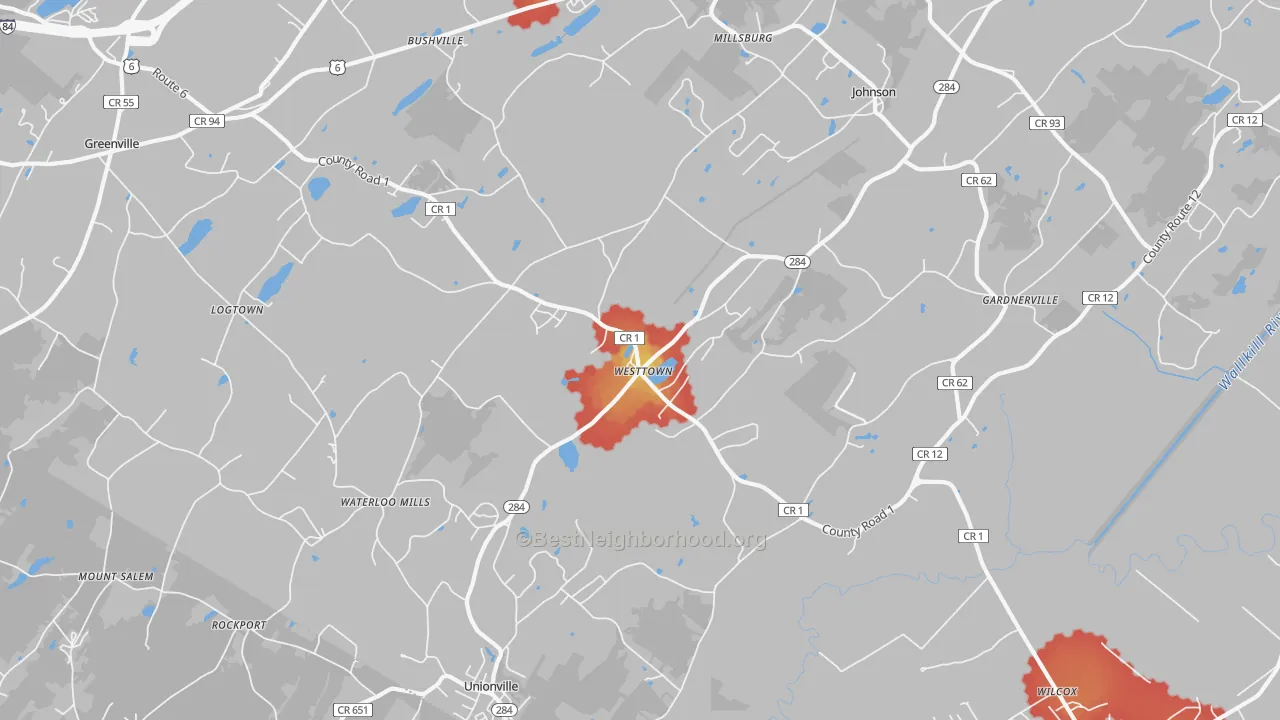 Walk Grade map of Westtown, NY, walkable areas in green and car-dependent areas in red