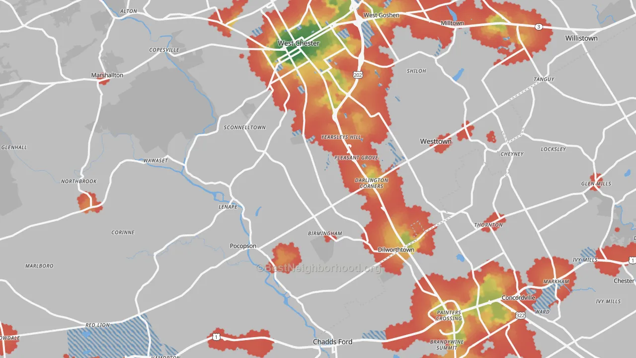 Walk Grade map of Westtown, PA, walkable areas in green and car-dependent areas in red
