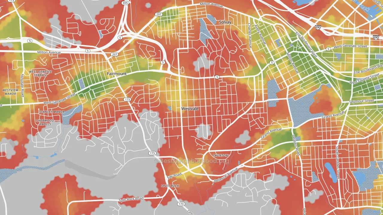 Walk Grade map of Westvale, NY, walkable areas in green and car-dependent areas in red